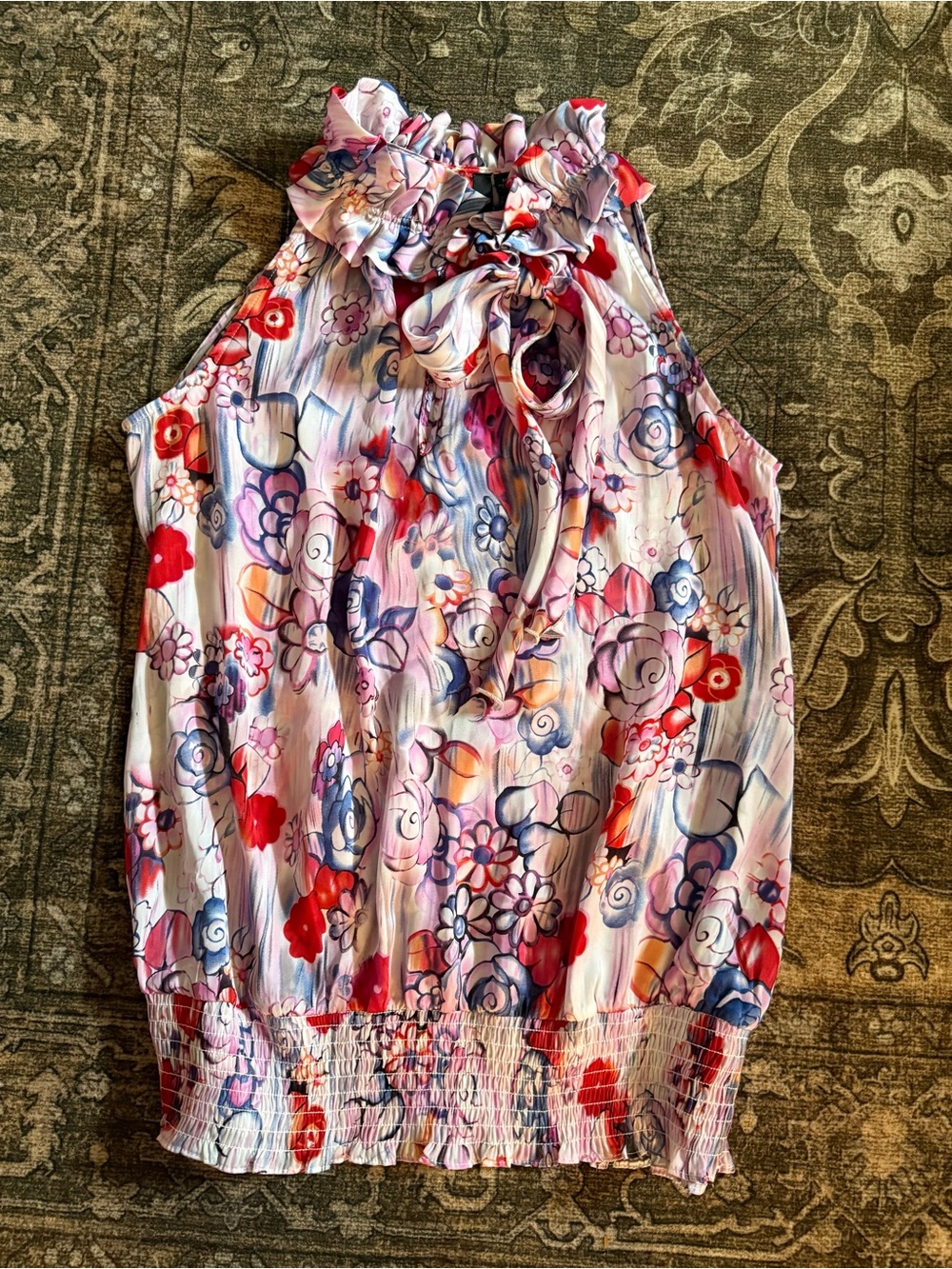 Essentials by Milano Floral Ruffle Halter Tank - Red, Blue, Purple